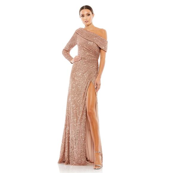 Mac Duggal 26571 Sequined Train Drop Shoulder Faux Wrap Gown Copper Size 0